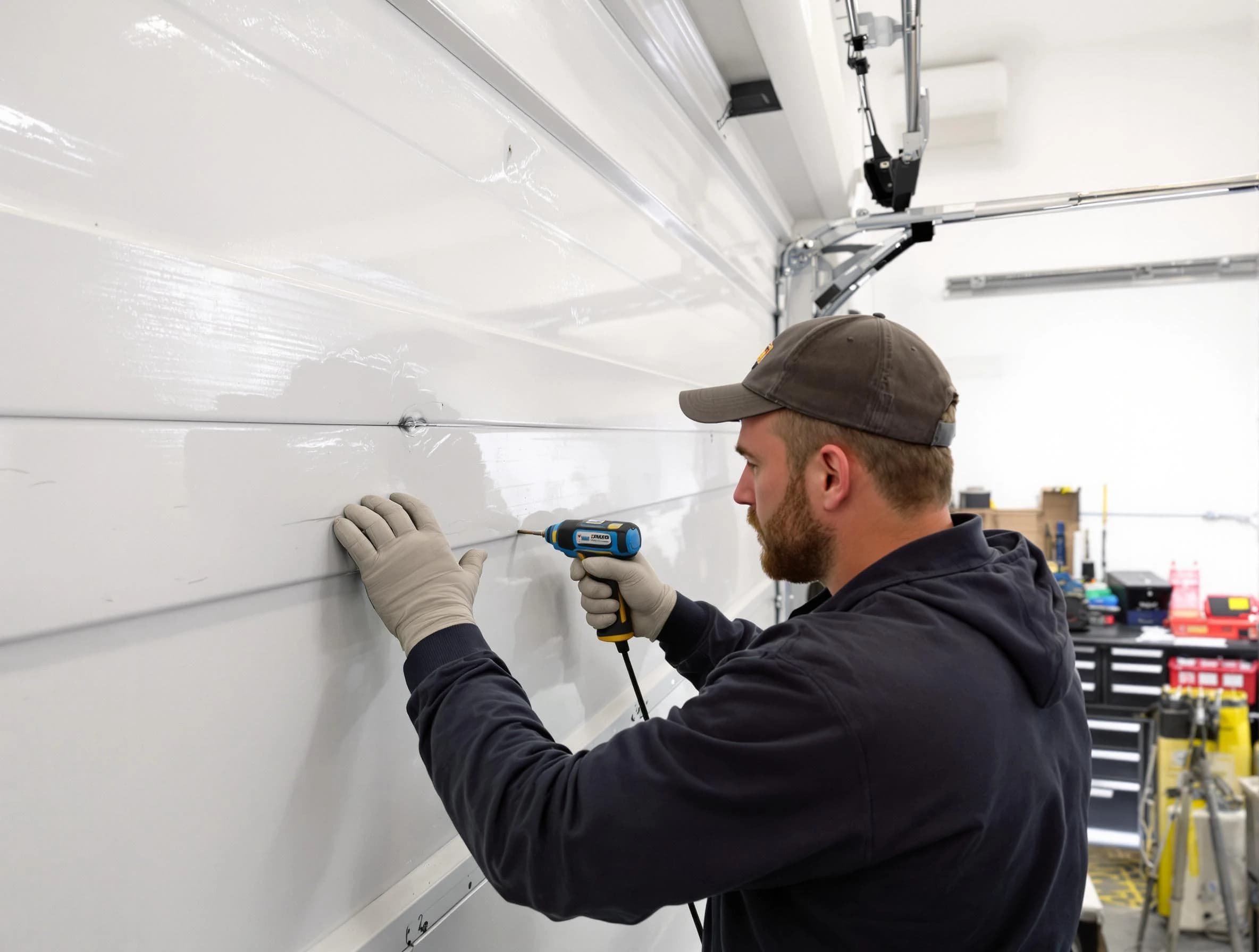 Dormont Garage Door Repair technician demonstrating precision dent removal techniques on a Dormont garage door